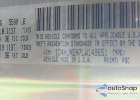 2020 Jeep Wrangler Unlimited Sahara z USA, uszkodzony, nr VIN 1C4HJXEN7LW149651